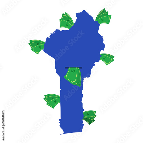 Benin map in blue with money bills around. Money leaving the center of the country. Economy of beninese country. White background. Isolated.