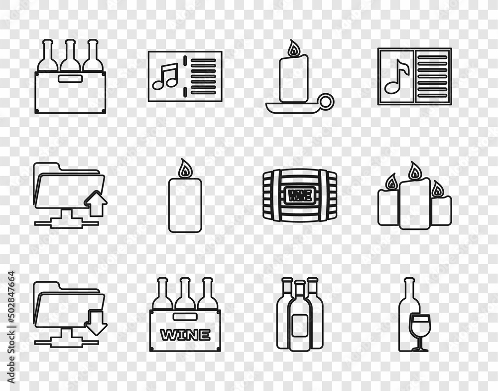 Set line FTP folder download, Wine bottle with glass, Burning candle candlestick, Bottles of wine box, and icon. Vector Set line FTP folder download, Wine bottle with glass, Burning candle candlestick, Bottles of wine box, and icon. Vector