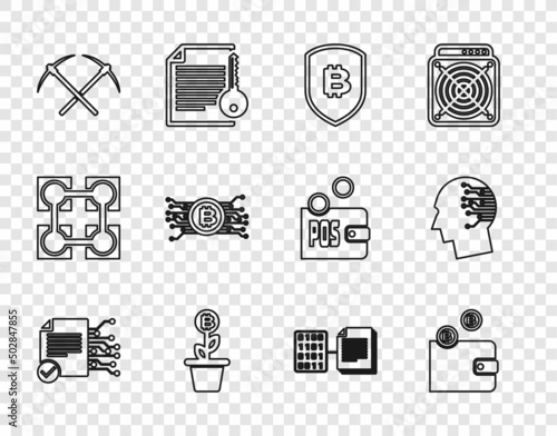 Set line Smart contract, Cryptocurrency wallet, Shield with bitcoin, Bitcoin plant the pot, Crossed pickaxe, circuit, and Brain as digital board icon. Vector