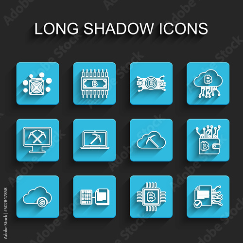 Set line Cryptocurrency cloud mining, Smart contract, ASIC Miner, CPU farm, Mining with laptop and pickaxe, wallet and icon. Vector