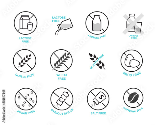 Lactose free, gluten, wheat, sugar and salt free icons. A set of icons ready to use in your design. Vector icons can be used on different backgrounds. EPS10.	