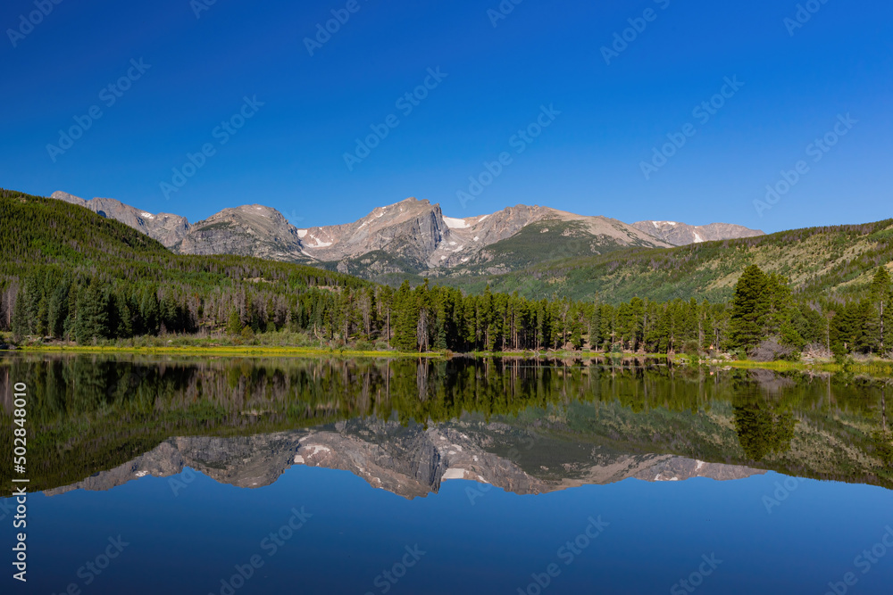 Sunny view of the dreamy reflex at Sprague Lake