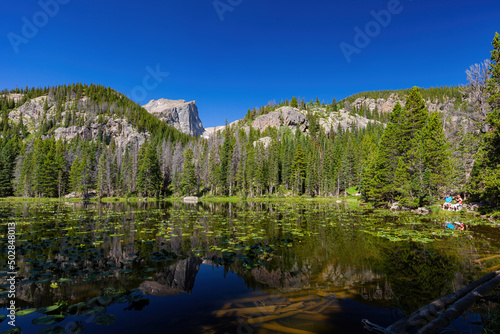 Sunny view of the Nymph Lake with reflection and clear water