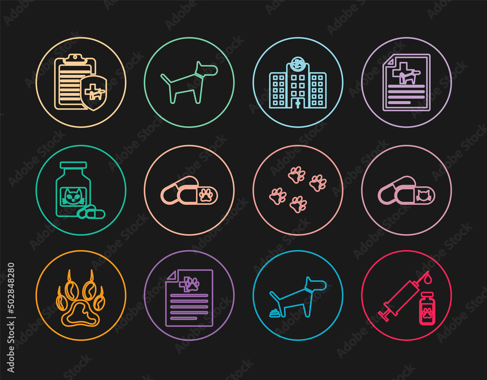 Set line Syringe with pet vaccine, Cat and pills, Veterinary medicine hospital, Dog, bottle, Clinical record, Paw print and icon. Vector Set line Syringe with pet vaccine, Cat and pills, Veterinary medicine hospital, Dog, bottle, Clinical record, Paw print and icon. Vector