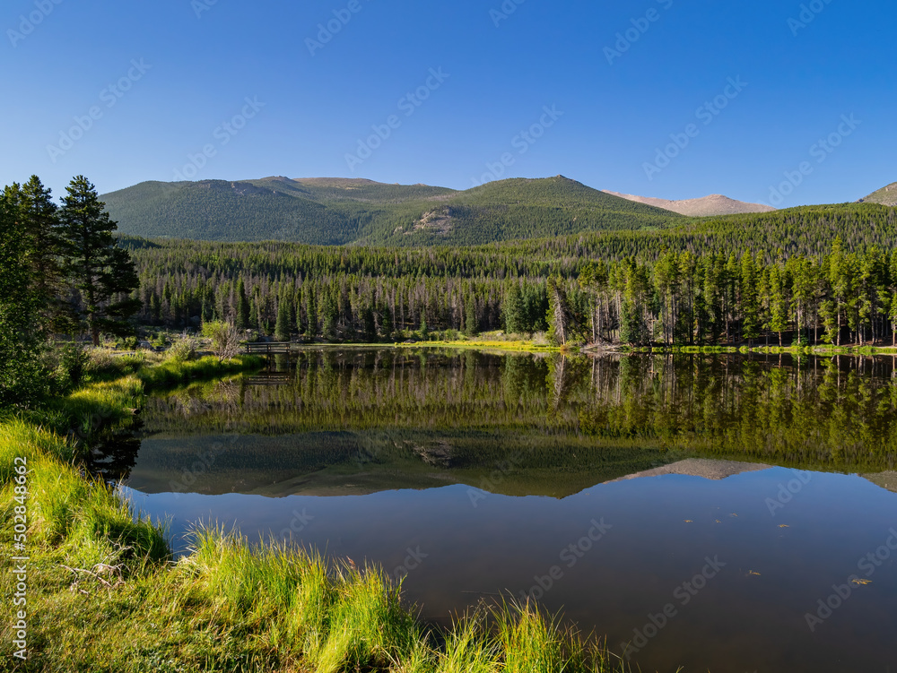 Sunny view of the dreamy reflex at Sprague Lake Sunny view of the dreamy reflex at Sprague Lake