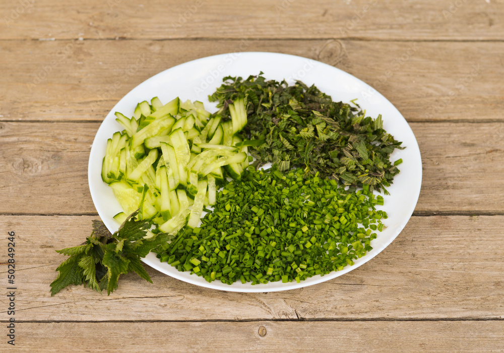 Diet salad with cucumber, green onion and nettle leaves. Spring vitamin salad. Diet salad with cucumber, green onion and nettle leaves. Spring vitamin salad.
