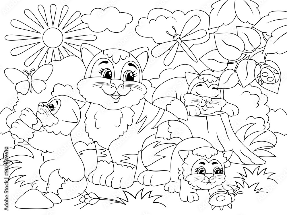 Mother cat and kittens play. Nature on the background. Raster illustration, children coloring book. Mother cat and kittens play. Nature on the background. Raster illustration, children coloring book.