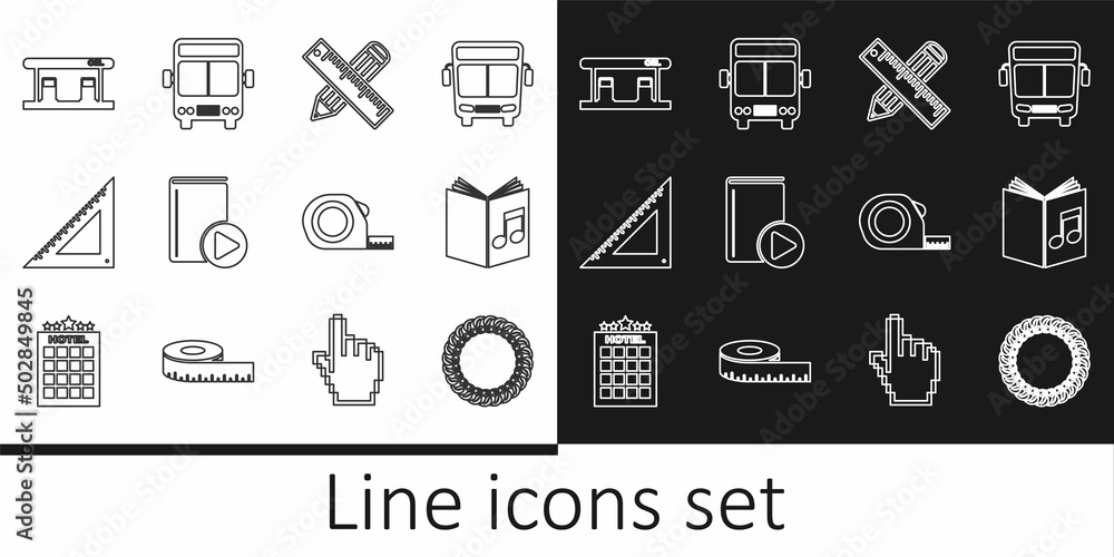 Set line Laurel wreath, Audio book, Crossed ruler and pencil, Triangular, Gas filling station, Roulette construction and Bus icon. Vector