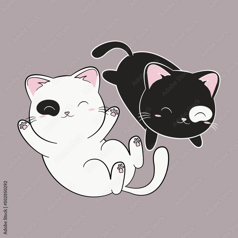 Biały i czarny kot. Słodkie śpiące kotki. Relaks. Harmonia Yin Yang. Ilustracja wektorowa. - obrazy, fototapety, plakaty 
