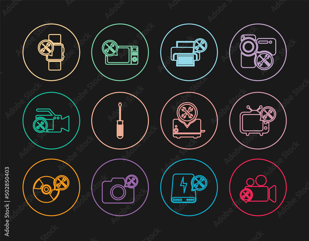 Set line Video camera service, Tv, Printer, Screwdriver, Smartwatch, Toaster and Microwave oven icon. Vector Set line Video camera service, Tv, Printer, Screwdriver, Smartwatch, Toaster and Microwave oven icon. Vector