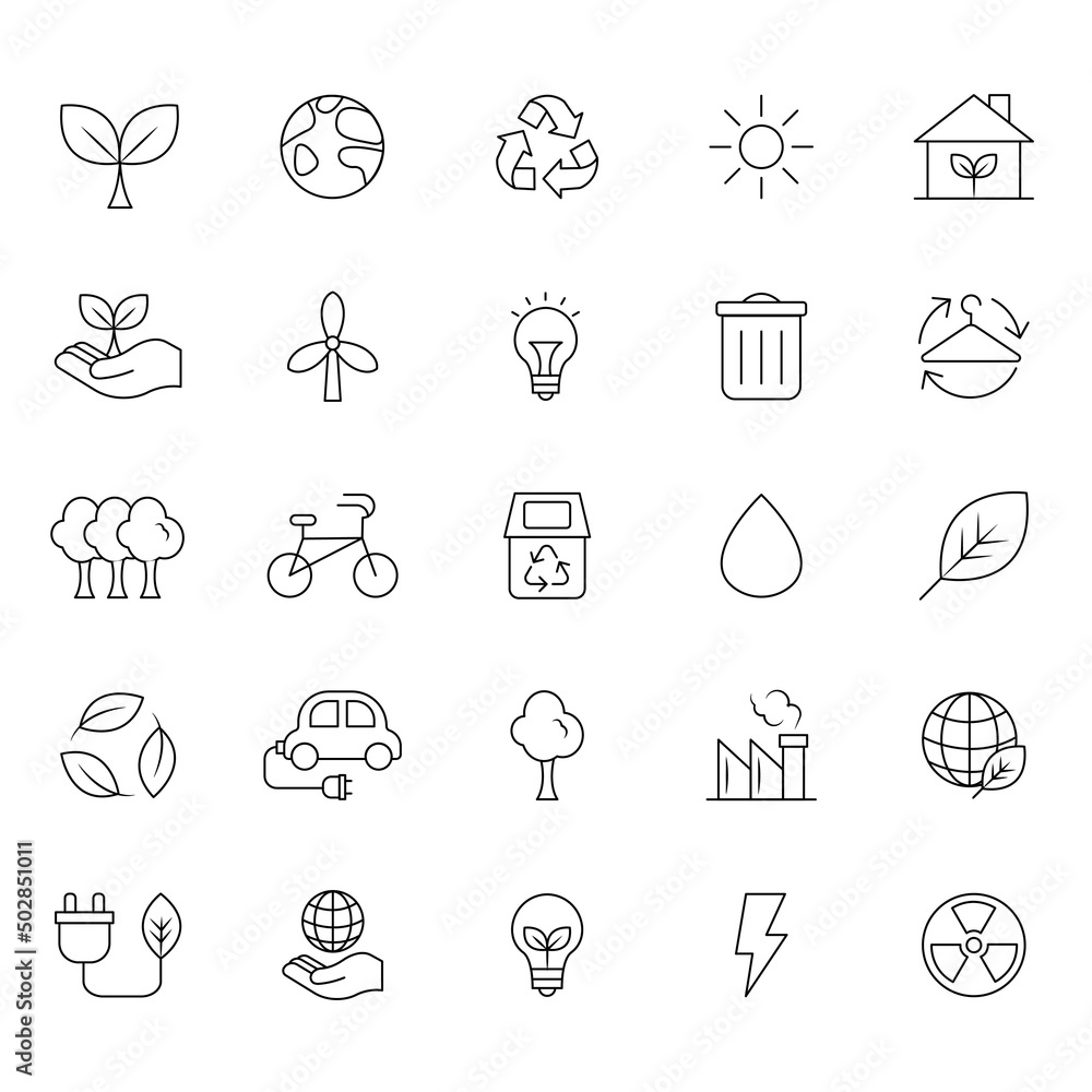 Vector collection of environmental ecology and nature icons. Eco friendly related thin line icon set in minimal style on white background Vector collection of environmental ecology and nature icons. Eco friendly related thin line icon set in minimal style on white background
