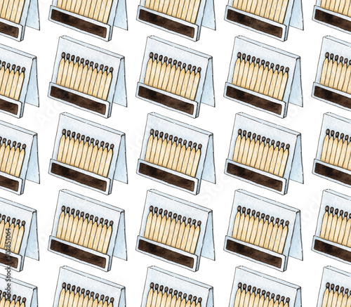 Watercolor illustration of a match book pattern full of red matches. Get the flame. Light the fire. Burnt wooden stick. Hand drawn doodles. Isolated on white background. Drawn by hand.