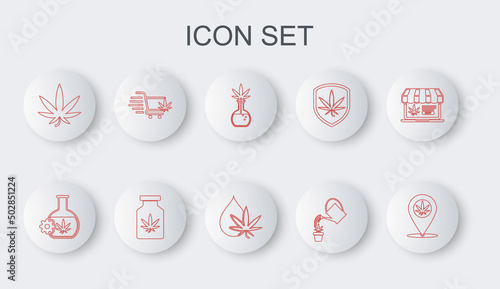 Set line Location and marijuana, Test tube with, Watering can, Marijuana or cannabis leaf, Shopping cart, Medical bottle and oil icon. Vector
