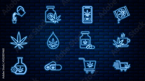Set line Shopping cart with marijuana, Cup tea, Online buying, Marijuana or cannabis leaf oil, Watering, Medical bottle and icon. Vector