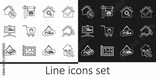 Set line House with percant, Rising cost of housing, Search house, Shopping cart, Hanging sign For Rent, Sale and Open icon. Vector
