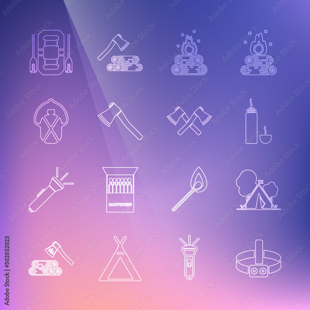Set line Head flashlight, Tourist tent with flag, Thermos container, Campfire, Wooden axe, Canteen water bottle, Rafting boat and Crossed wooden icon. Vector Set line Head flashlight, Tourist tent with flag, Thermos container, Campfire, Wooden axe, Canteen water bottle, Rafting boat and Crossed wooden icon. Vector