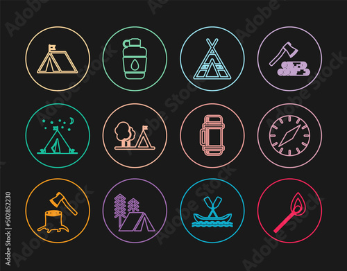 Set line Burning match with fire, Compass, Tourist tent, flag, Thermos container and Canteen water bottle icon. Vector