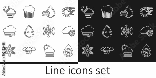 Set line Water drop percentage  Cloud with snow  Windy weather  and sun  Snowflake and rain icon. Vector