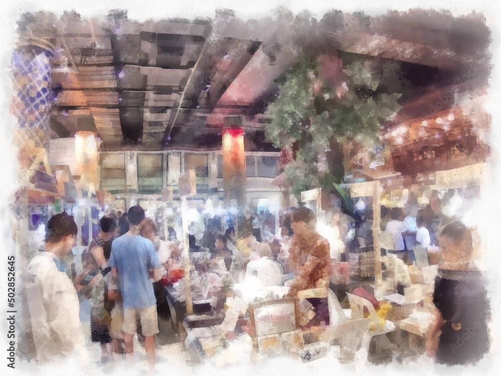 Naklejka premium The landscape of the ancient shophouses the commercial area the market in the shopping mall watercolor style illustration impressionist painting.