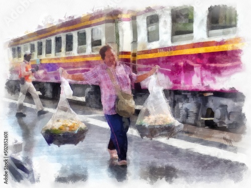 A street vendor in Bangkok watercolor style illustration impressionist painting. © Kittipong