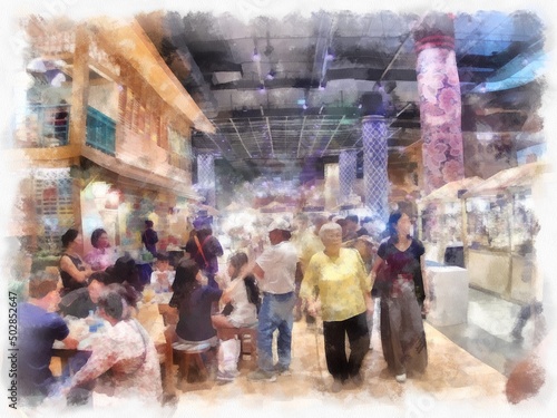 The landscape of the ancient shophouses the commercial area the market in the shopping mall watercolor style illustration impressionist painting. © Kittipong