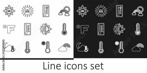 Set line Rainbow with cloud, Meteorology thermometer, Fahrenheit, UV protection, Sun and snowflake and icon. Vector