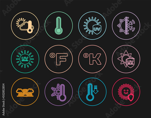 Set line UV protection, Fahrenheit, Thermometer and cloud, sun, Kelvin and Meteorology thermometer icon. Vector