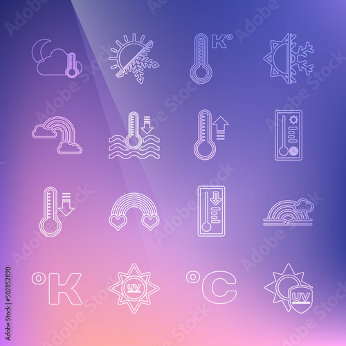 Set line UV protection, Rainbow with cloud, Meteorology thermometer, Water, clouds, Thermometer and moon and icon. Vector