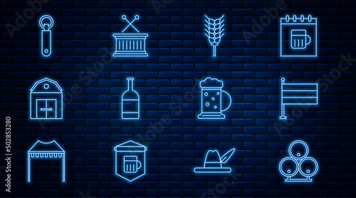 Set line Wooden barrels, National Germany flag, Wheat, Beer bottle, Farm House, Bottle opener, beer mug and Musical drum and sticks icon. Vector