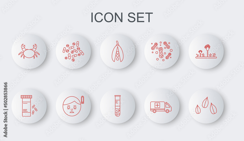 Set line Sesame seeds, Medicine bottle and pills, Kidney beans, Emergency car, Crab, or tablet, Fatigue and Test tube flask icon. Vector Set line Sesame seeds, Medicine bottle and pills, Kidney beans, Emergency car, Crab, or tablet, Fatigue and Test tube flask icon. Vector