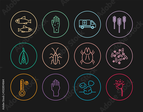 Set line Flower producing pollen, Medicine pill or tablet, Emergency car, Cockroach, Kidney beans, Fish, Parasite mite and Hand with psoriasis eczema icon. Vector