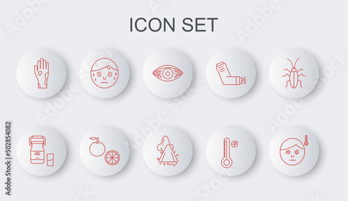 Set line High human body temperature, Reddish eye allergic conjunctivitis, Medical digital thermometer, Hand with psoriasis eczema, Man excessive sweating, Orange fruit and Runny nose icon. Vector