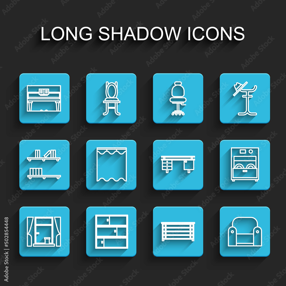 Set line Window with curtains, Shelf, Grand piano, Chest of drawers, Armchair, Curtains, Kitchen dishwasher machine and Office desk icon. Vector Set line Window with curtains, Shelf, Grand piano, Chest of drawers, Armchair, Curtains, Kitchen dishwasher machine and Office desk icon. Vector