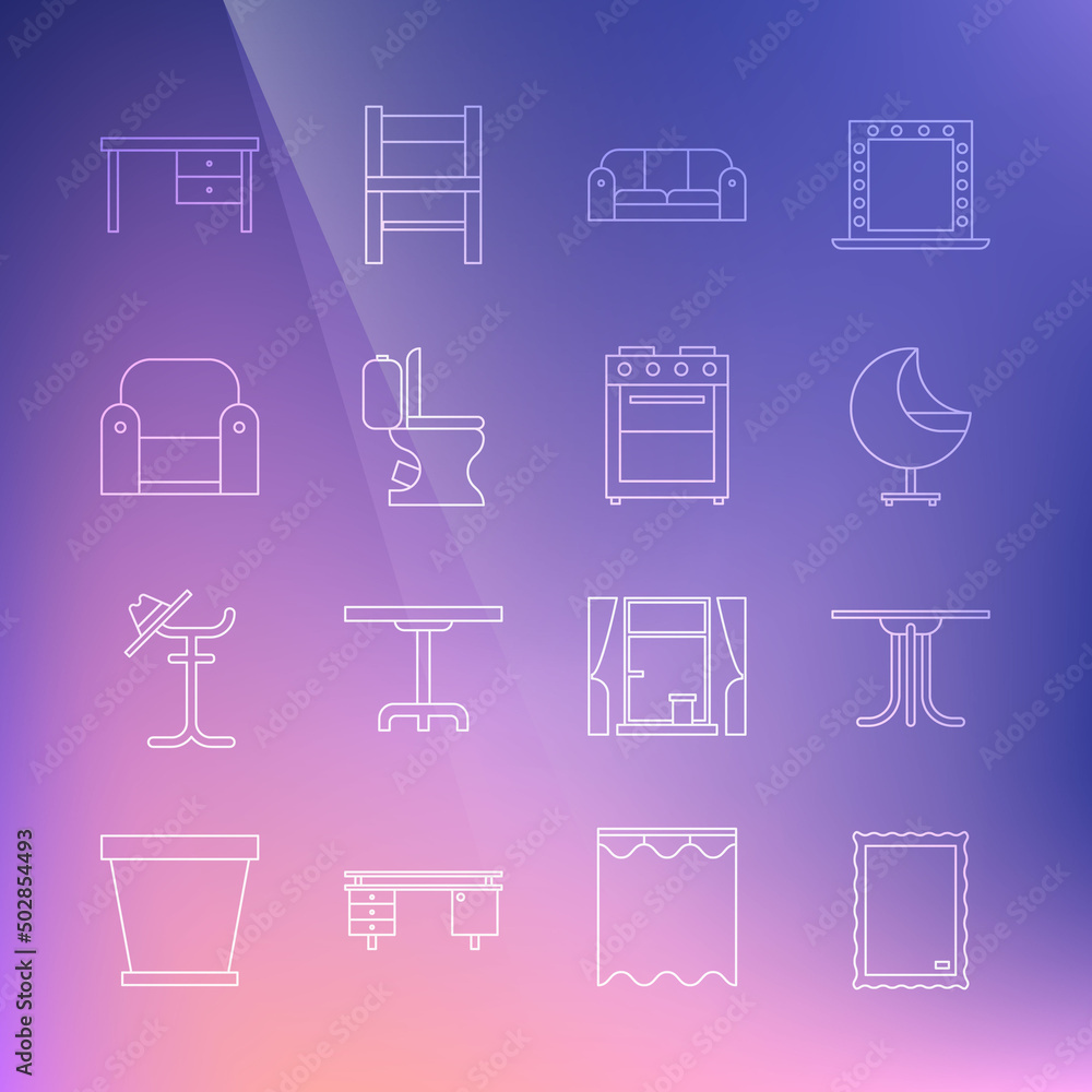 Set line Picture, Round table, Armchair, Sofa, Toilet bowl, Office desk and Oven icon. Vector Set line Picture, Round table, Armchair, Sofa, Toilet bowl, Office desk and Oven icon. Vector