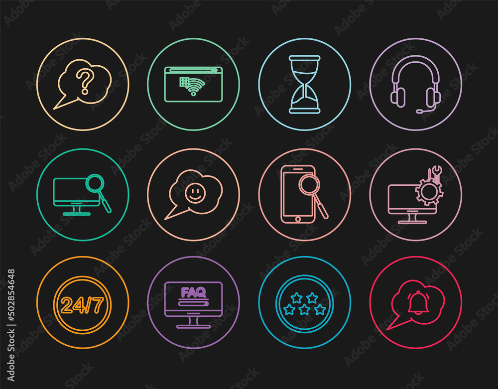 Set line Speech bubble chat notification, Computer monitor service, Hourglass, with smile face, diagnostics, Question, Mobile phone and No Internet connection icon. Vector Set line Speech bubble chat notification, Computer monitor service, Hourglass, with smile face, diagnostics, Question, Mobile phone and No Internet connection icon. Vector