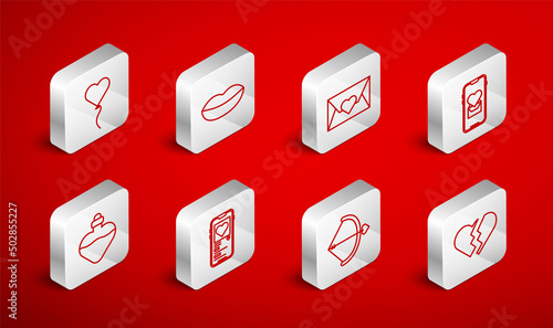 Set line Broken heart, Smiling lips, Envelope with Valentine, Mobile, Bow and arrow, Balloon form of, and Bottle love potion icon. Vector