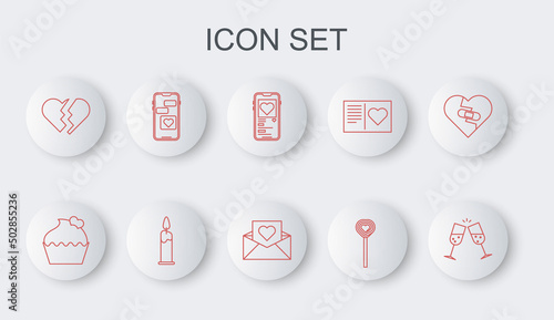 Set line Glass of champagne, Wedding cake with heart, Mobile, Lollipop, Broken, Burning candle and Envelope Valentine icon. Vector