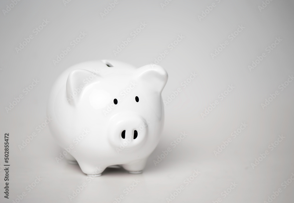 white piggy bank on seamless white background, Finance, saving money.