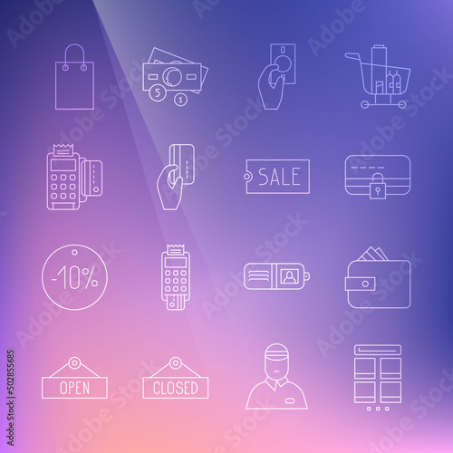 Set line Online shopping on mobile, Wallet with paper money cash, Credit card lock, Hand holding, credit, POS terminal, Paper bag and Price tag text Sale icon. Vector