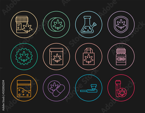 Set line Chemical test tube with marijuana, Medical bottle cannabis, Glass bong for smoking, Book and, Marijuana leaf, Shopping paper bag of and Herbal ecstasy tablets icon. Vector