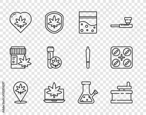 Set line Location and marijuana, Manual grinder, Plastic bag of cannabis, Laptop or, Marijuana leaf heart, Chemical test tube with, Glass bong for smoking and Medical pills icon. Vector