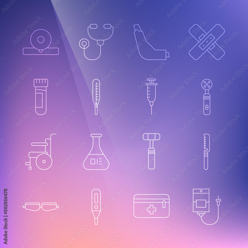 Set line IV bag, Medical saw, Electric toothbrush, Inhaler, thermometer, Test tube with blood, Otolaryngological head reflector and Syringe icon. Vector Set line IV bag, Medical saw, Electric toothbrush, Inhaler, thermometer, Test tube with blood, Otolaryngological head reflector and Syringe icon. Vector