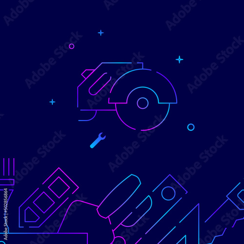 Circular saw, grinder gradient line vector icon, simple illustration on a dark blue background, Working tools, handycraft, home renovation related bottom border.