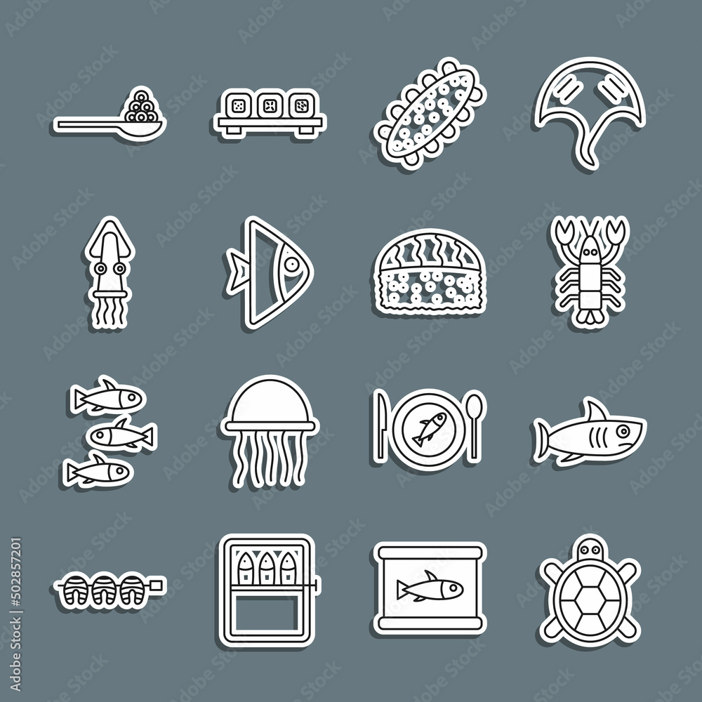 Set line Turtle, Shark, Lobster, Sea cucumber, Fish, Octopus, Caviar on spoon and Sushi icon. Vector Set line Turtle, Shark, Lobster, Sea cucumber, Fish, Octopus, Caviar on spoon and Sushi icon. Vector