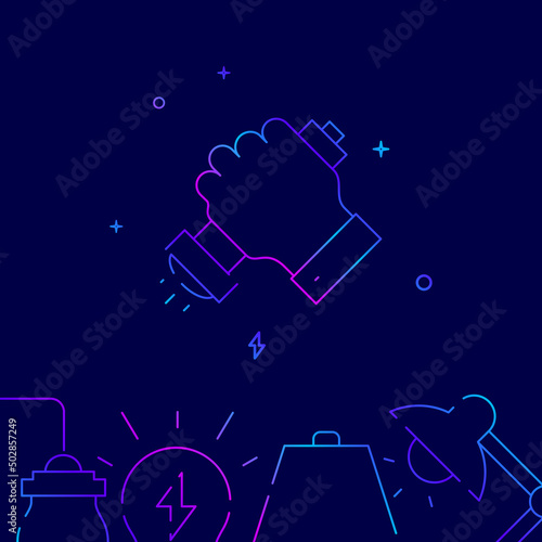 Hand with flashlight gradient line vector icon, simple illustration on a dark blue background, Home lamps related bottom border.