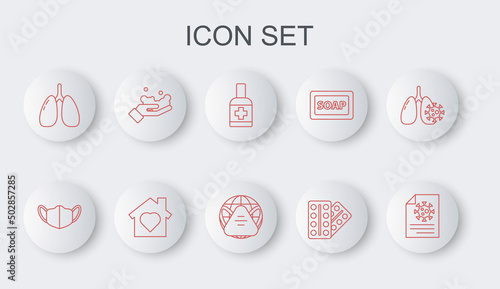 Set line Clipboard with blood test results, Medical protective mask, Liquid antibacterial soap, Pills in blister pack, Lungs, Washing hands, House heart inside and Earth medical icon. Vector