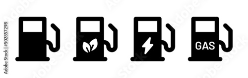 Vector icon set of gas pump, gas station and petrol pump in black and white design. Fuel symbol.