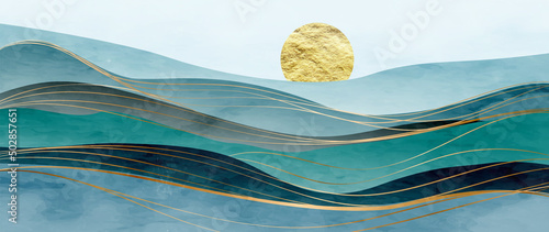 Fotografiet Landscape art background with mountains, hills and waves in blue and gold colors
