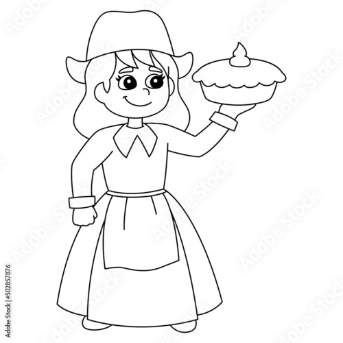 Thanksgiving Pilgrim Girl Holding Pie Isolated 