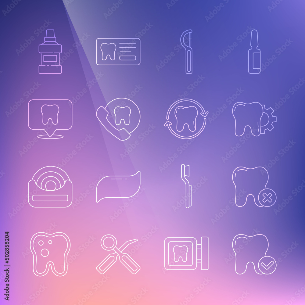 Set line Tooth whitening concept, with caries, treatment procedure, Dental floss, Online dental care, clinic location, Mouthwash bottle and icon. Vector Set line Tooth whitening concept, with caries, treatment procedure, Dental floss, Online dental care, clinic location, Mouthwash bottle and icon. Vector
